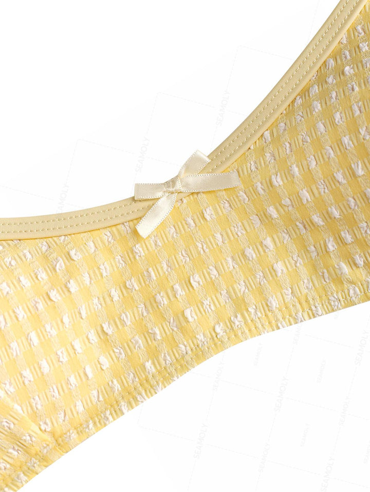 Seamolly Gingham Textured Bowknot Bralette Boyshorts Bikini Set