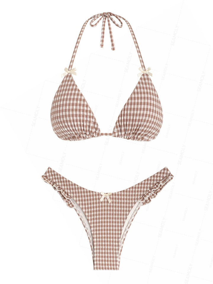 Seamolly Gingham Textured Bowknot Ruffles Trim Bikini Set