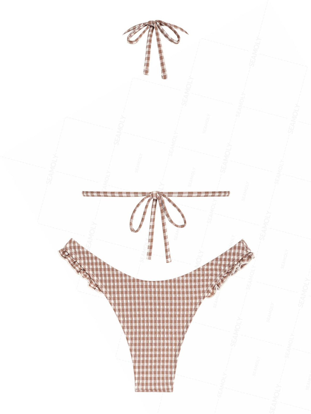 Seamolly Gingham Textured Bowknot Ruffles Trim Bikini Set