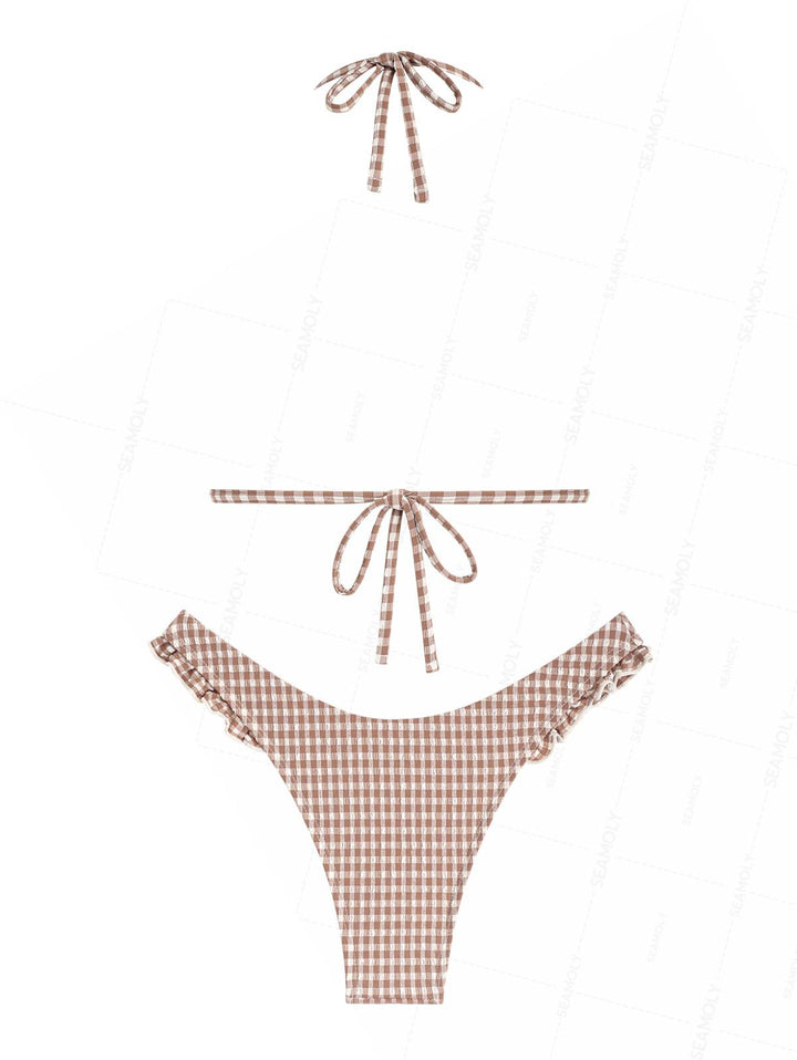 Seamolly Gingham Textured Bowknot Ruffles Trim Bikini Set