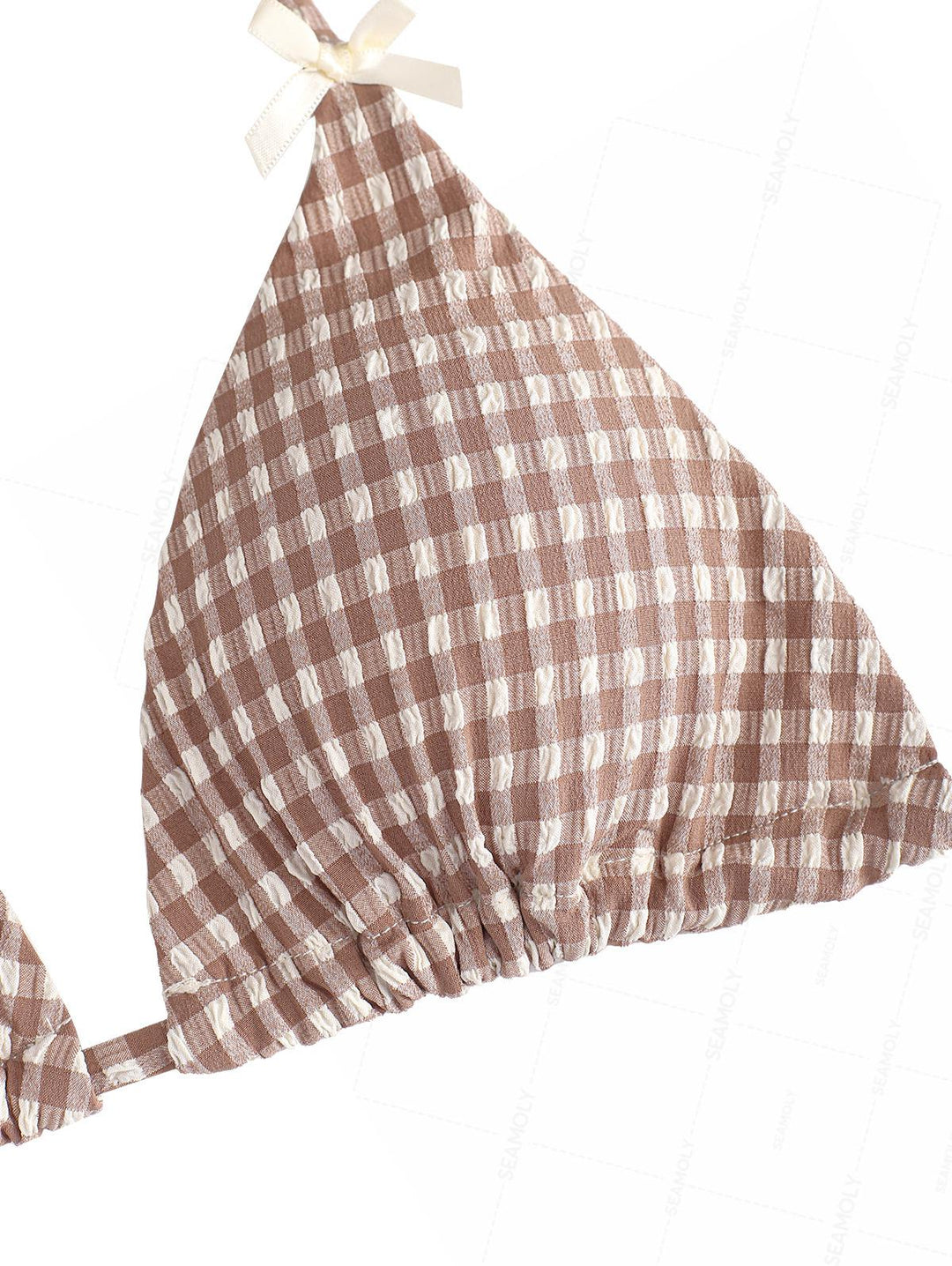 Seamolly Gingham Textured Bowknot Ruffles Trim Bikini Set