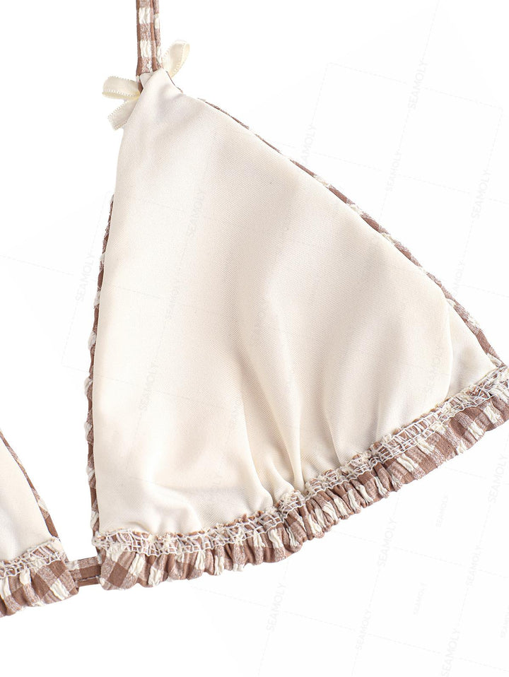 Seamolly Gingham Textured Bowknot Ruffles Trim Bikini Set