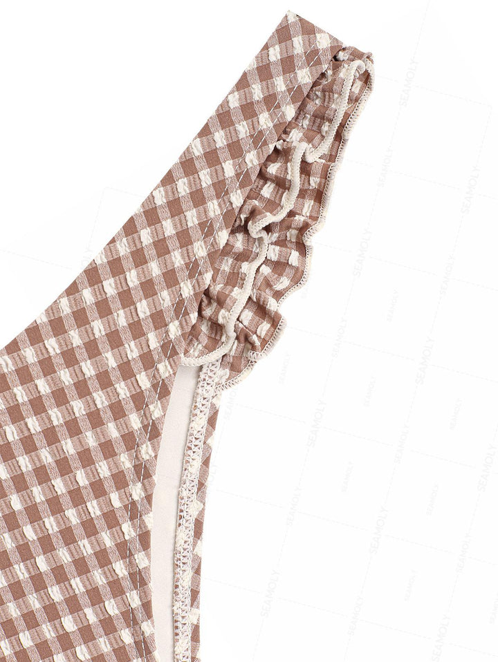 Seamolly Gingham Textured Bowknot Ruffles Trim Bikini Set