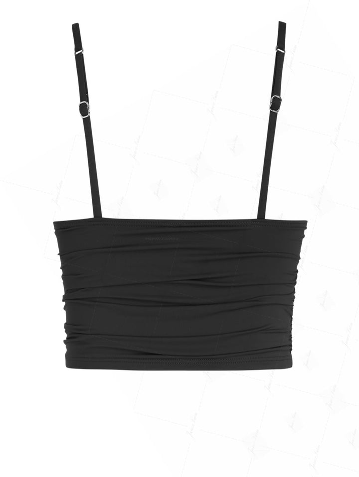 Black Solid Color Ruched Plunging Neck Cami Tankini Top