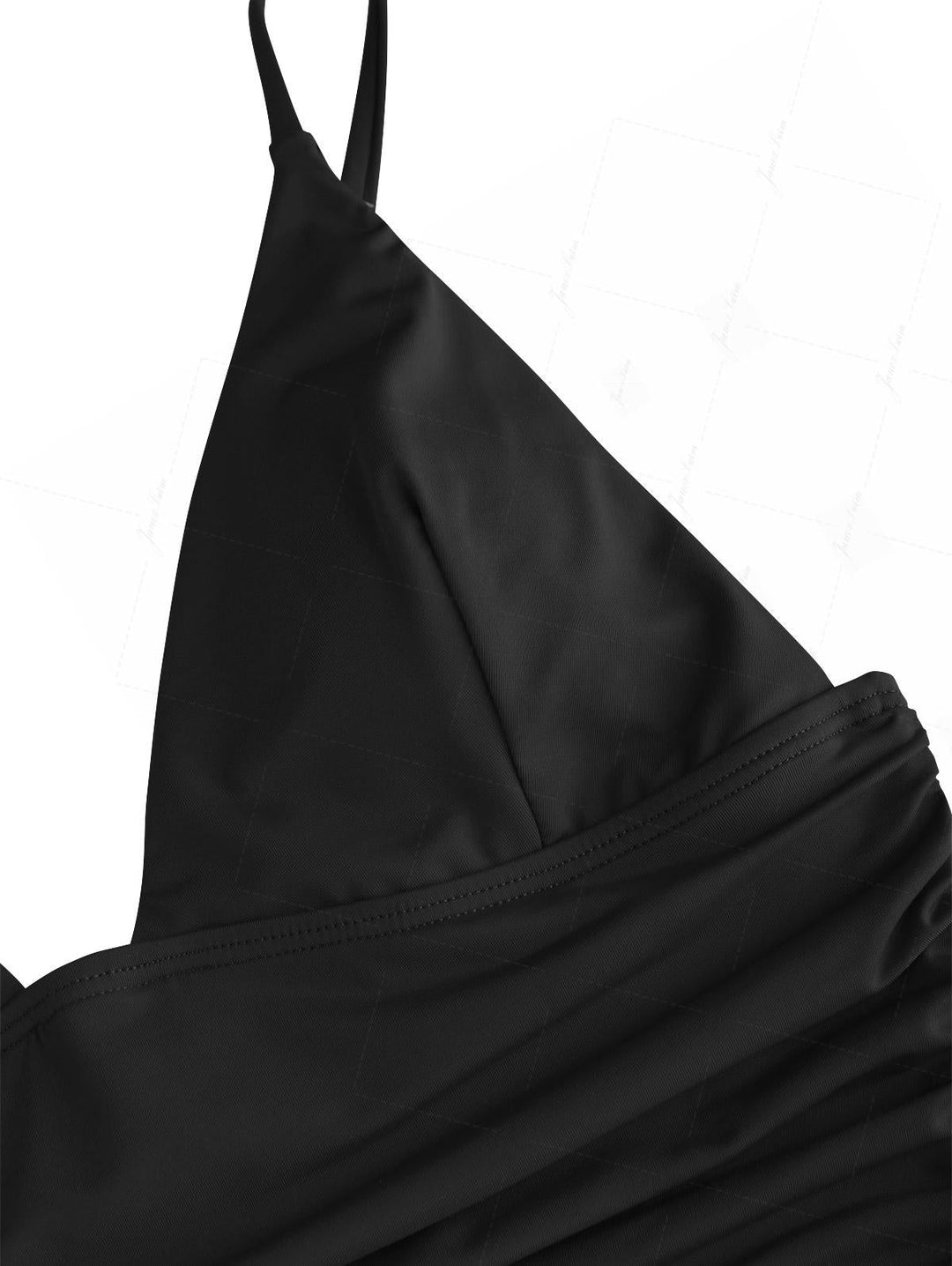 Black Solid Color Ruched Plunging Neck Cinched Cheeky Boyshorts Tankini Set