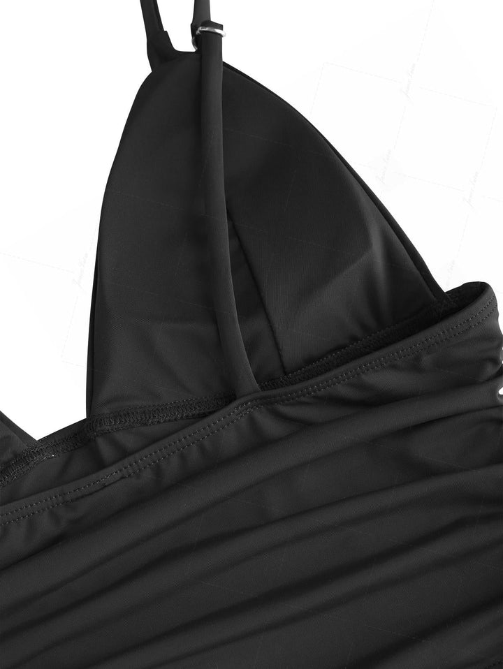 Black Solid Color Ruched Plunging Neck Cinched Cheeky Boyshorts Tankini Set