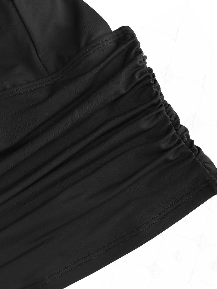 Black Solid Color Ruched Plunging Neck Cinched Cheeky Boyshorts Tankini Set