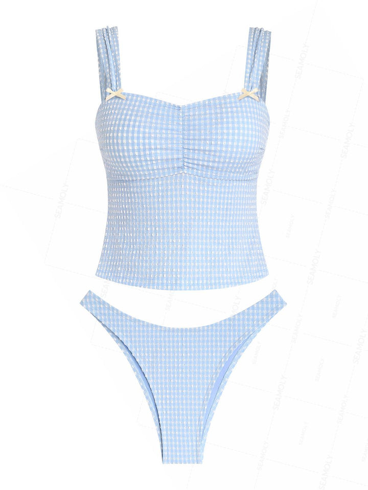 Seamolly Gingham Textured Ruched Bowknot Cheeky Tankini Set