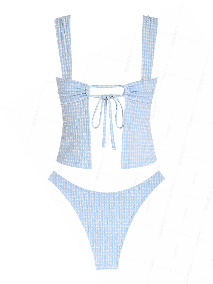 Seamolly Gingham Textured Ruched Bowknot Cheeky Tankini Set