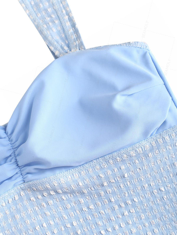 Seamolly Gingham Textured Ruched Bowknot Cheeky Tankini Set