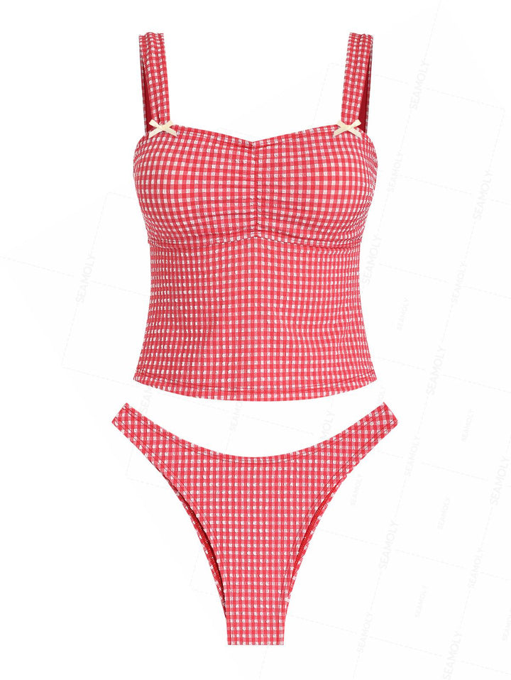 Seamolly Gingham Textured Ruched Bowknot Cheeky Tankini Set