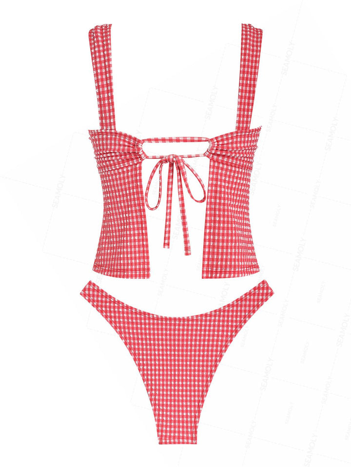 Seamolly Gingham Textured Ruched Bowknot Cheeky Tankini Set