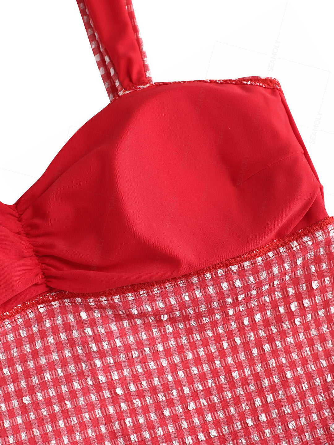 Seamolly Gingham Textured Ruched Bowknot Cheeky Tankini Set