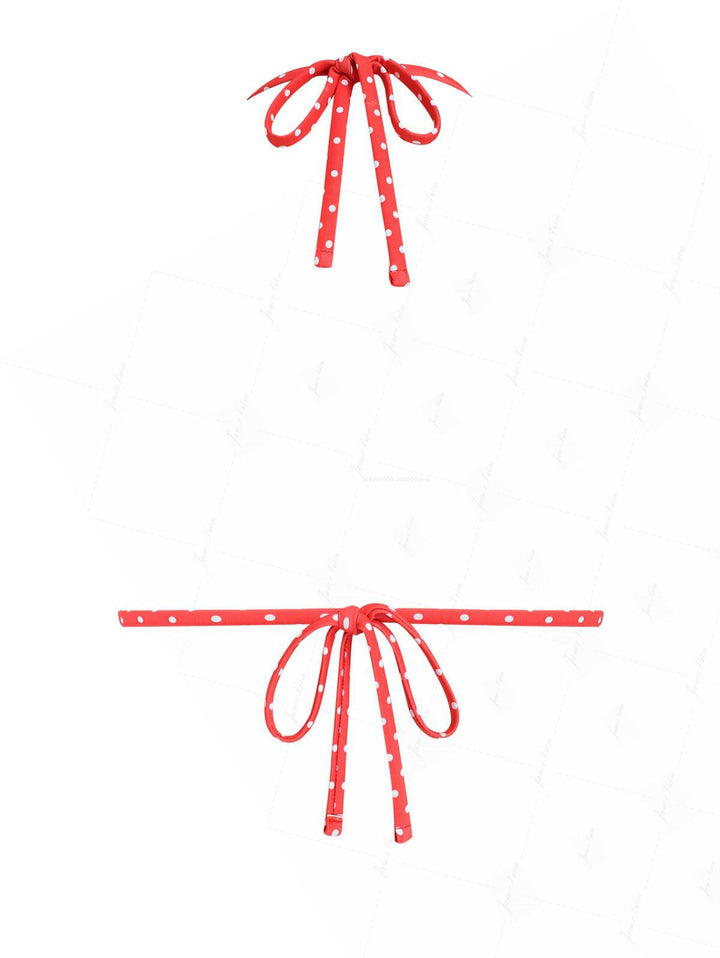 Red Polka Dot Print Ruched Halter Triangle Bikini Top