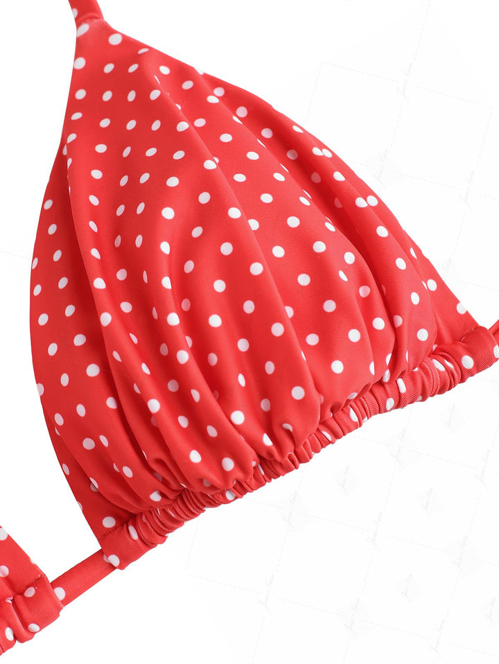 Red Polka Dot Print Ruched Halter Triangle Bikini Top