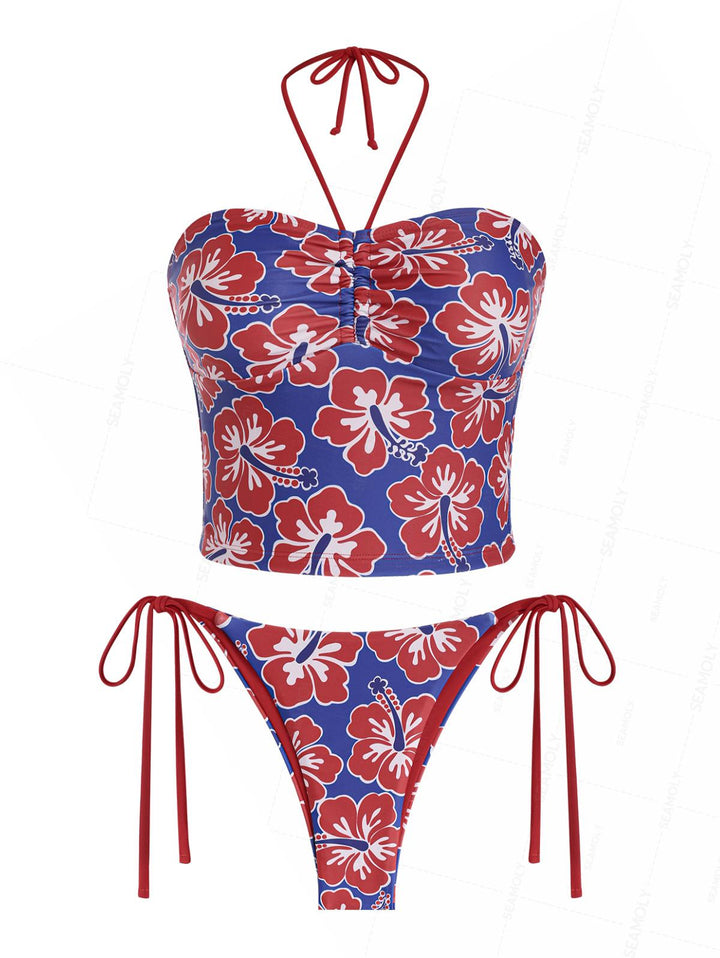 Seamolly Floral Hibiscus Print Ruched Front Halter Bandeau Tankini Set