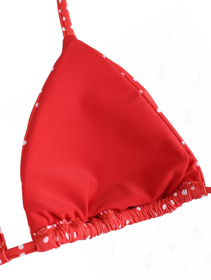 Red Polka Dot Print Ruched Halter Triangle Bikini Top
