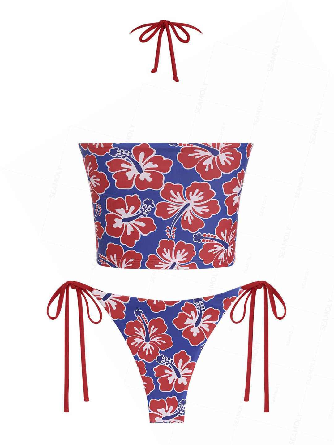 Seamolly Floral Hibiscus Print Ruched Front Halter Bandeau Tankini Set