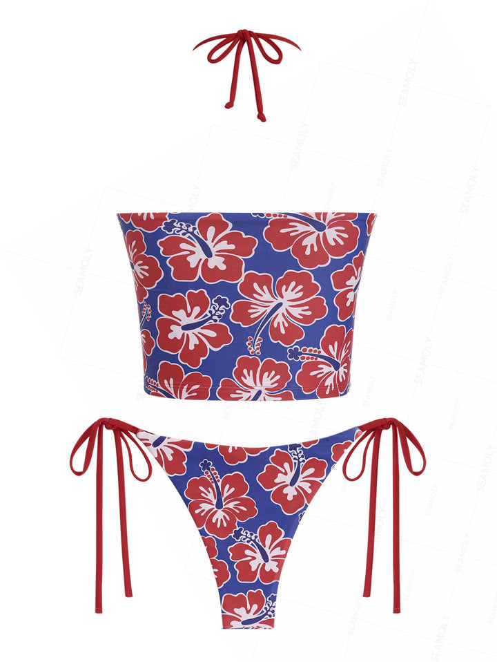 Seamolly Floral Hibiscus Print Ruched Front Halter Bandeau Tankini Set