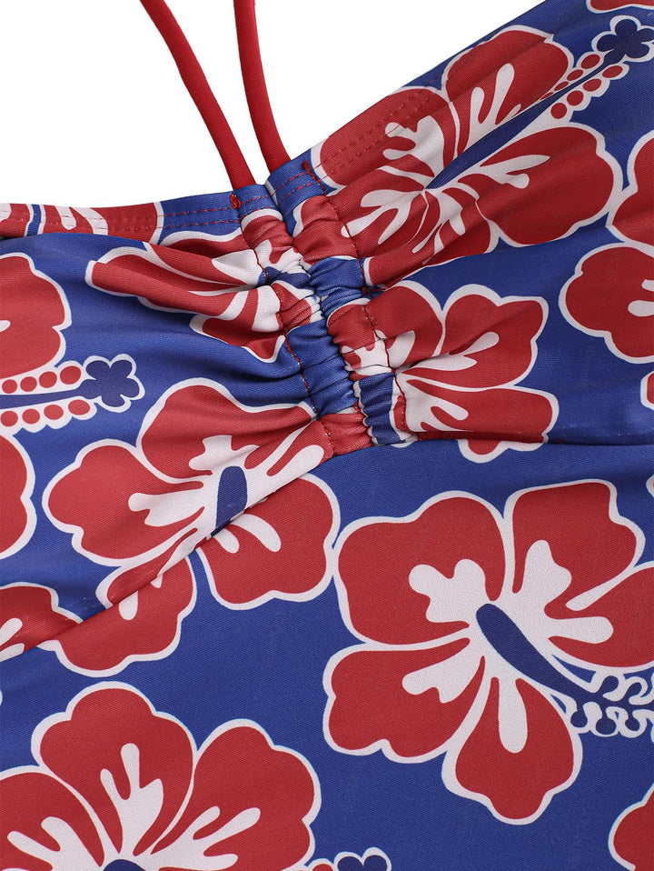 Seamolly Floral Hibiscus Print Ruched Front Halter Bandeau Tankini Set