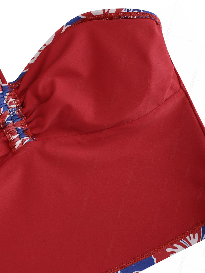 Seamolly Floral Hibiscus Print Ruched Front Halter Bandeau Tankini Set