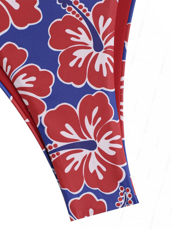 Seamolly Floral Hibiscus Print Ruched Front Halter Bandeau Tankini Set