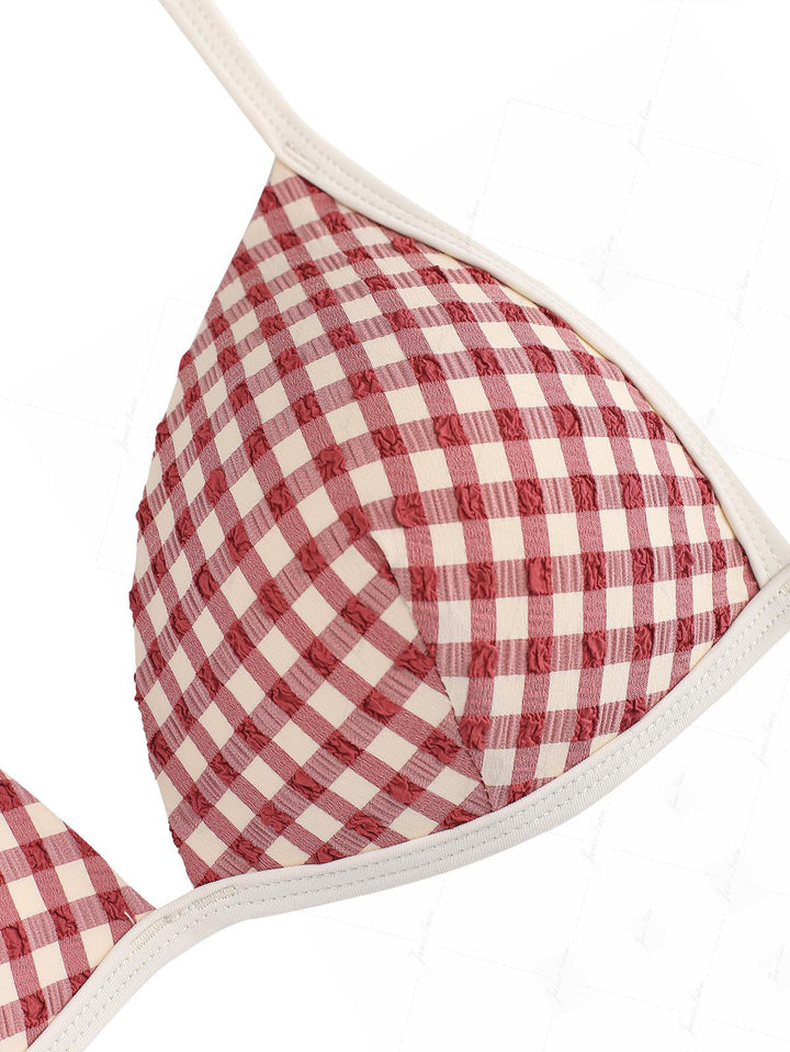 Pomegranate Red Gingham Halter Triangle Push Up Bikini Set