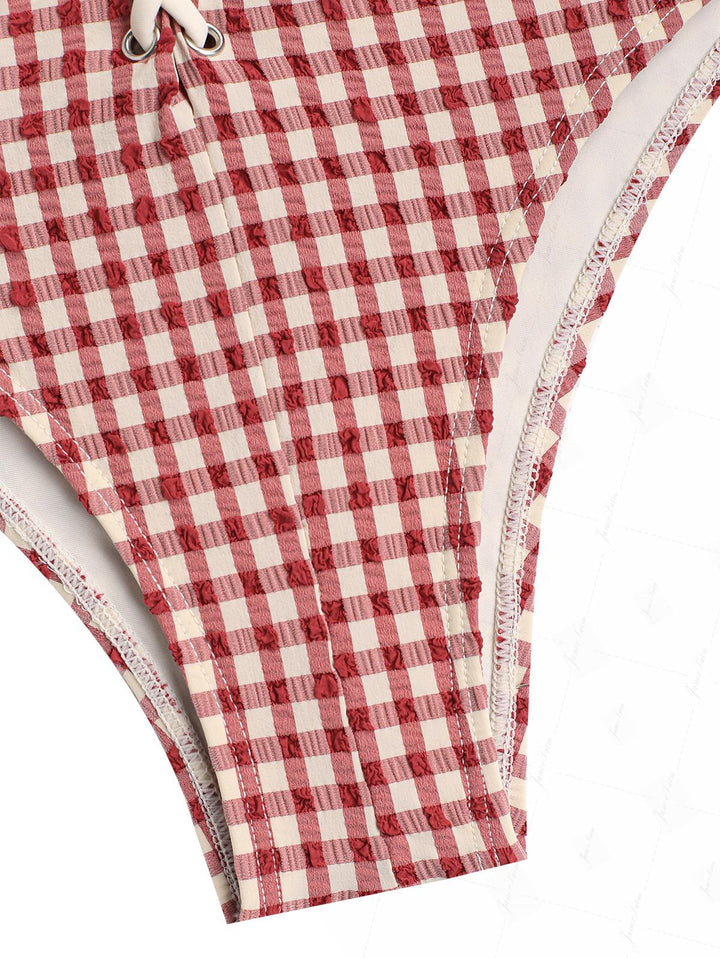 Pomegranate Red Gingham Halter Triangle Push Up Bikini Set