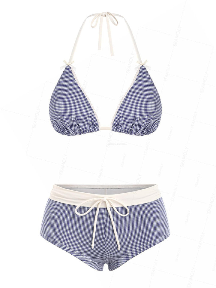 Seamolly Colorblock Gingham Lace Bowknot Boyshorts Bikini Set