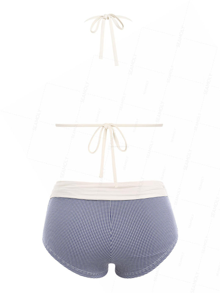 Seamolly Colorblock Gingham Lace Bowknot Boyshorts Bikini Set