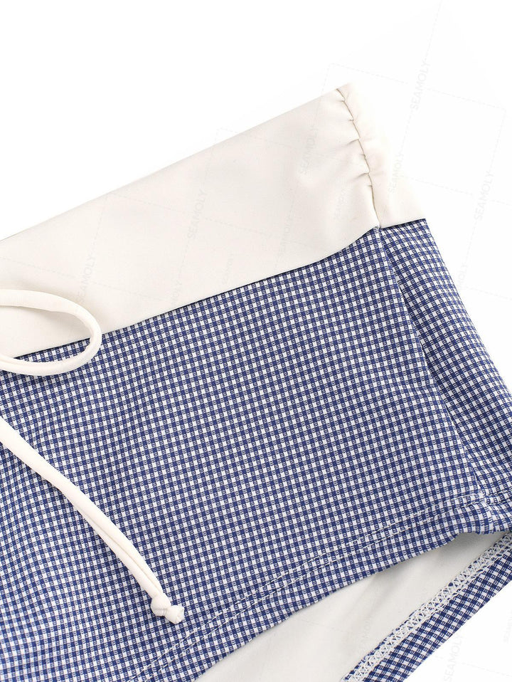 Seamolly Colorblock Gingham Lace Bowknot Boyshorts Bikini Set