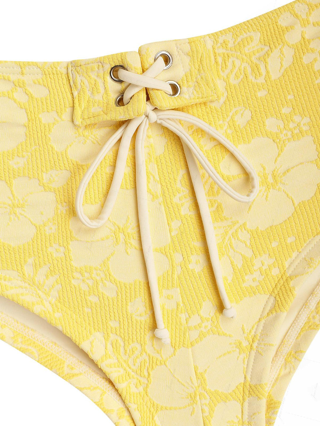 Yellow Recycled Fabric Jacquard Grommet Lace Up Bikini Bottom Cheeky Swim Boyshorts