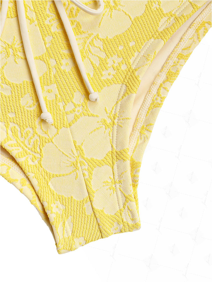 Yellow Recycled Fabric Jacquard Grommet Lace Up Bikini Bottom Cheeky Swim Boyshorts