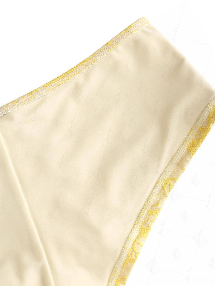 Yellow Recycled Fabric Jacquard Grommet Lace Up Bikini Bottom Cheeky Swim Boyshorts