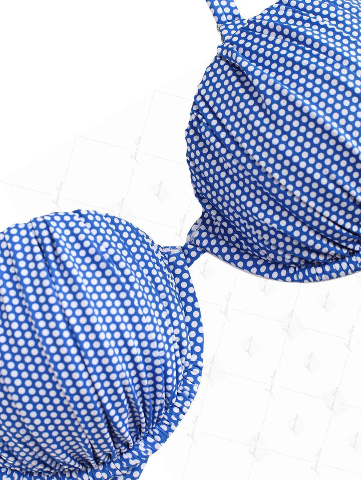 Blue Polka Dot Print Ruched Underwire Push Up Top & Cheeky Brazilian Bottom Bikini Set