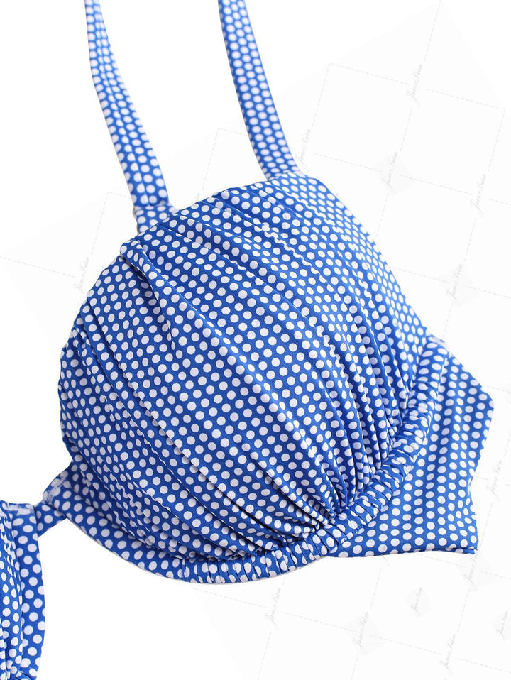 Blue Polka Dot Print Ruched Underwire Push Up Bikini Top