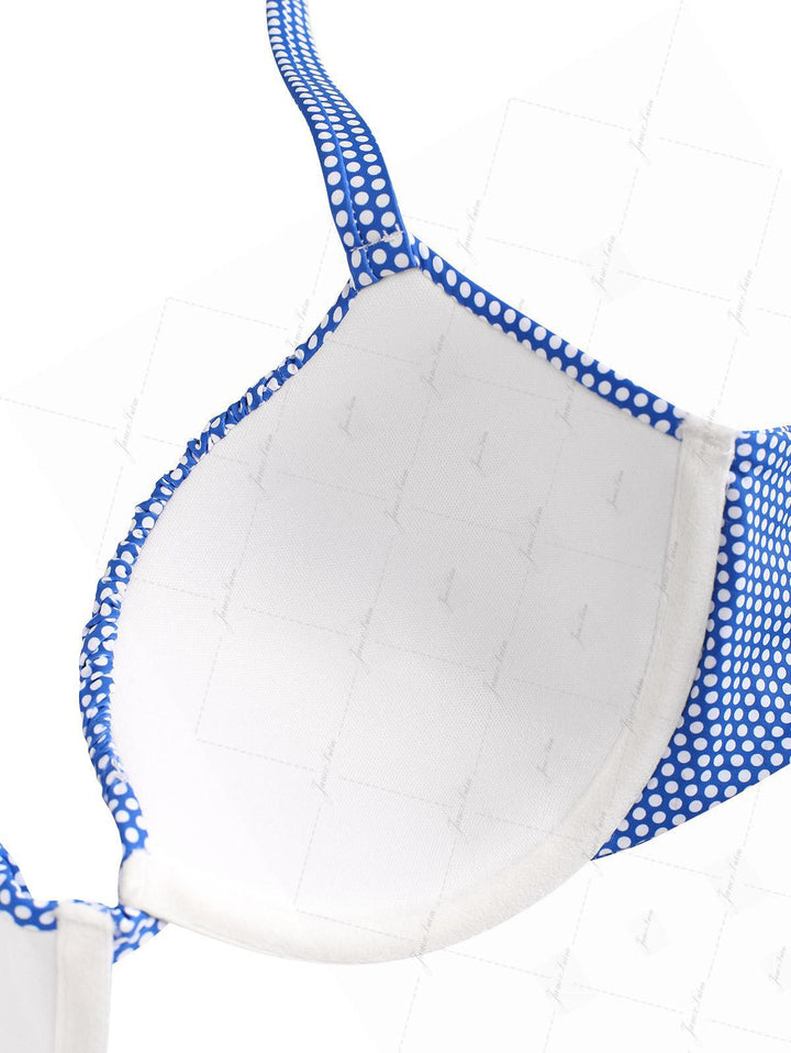 Blue Polka Dot Print Ruched Underwire Push Up Bikini Top