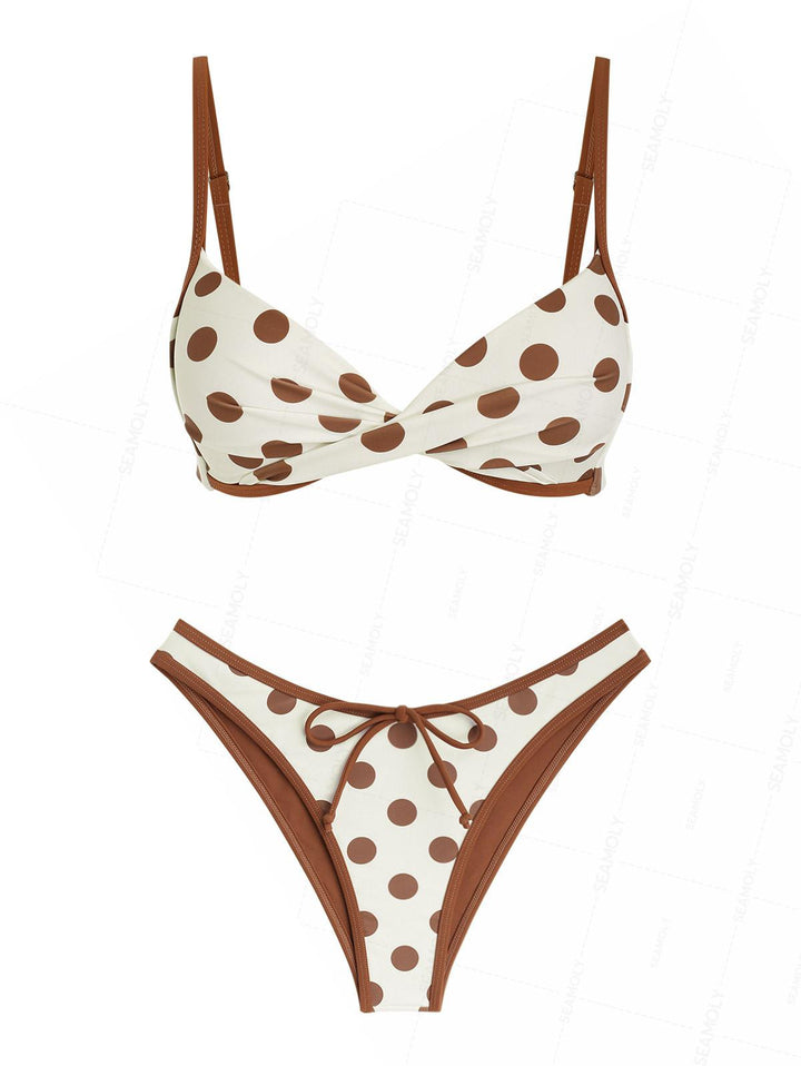 Seamolly Polka Dot Crisscross Twist Gathering Triangle Binding Bikini Set