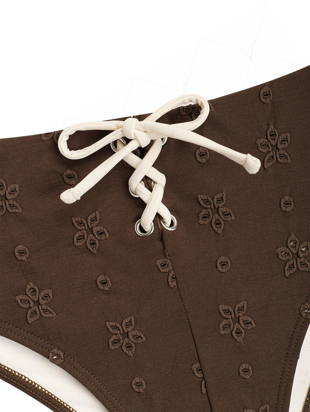 Deep Coffee Recycled Fabric Eyelet Jacquard Lace Up Bikini Bottom