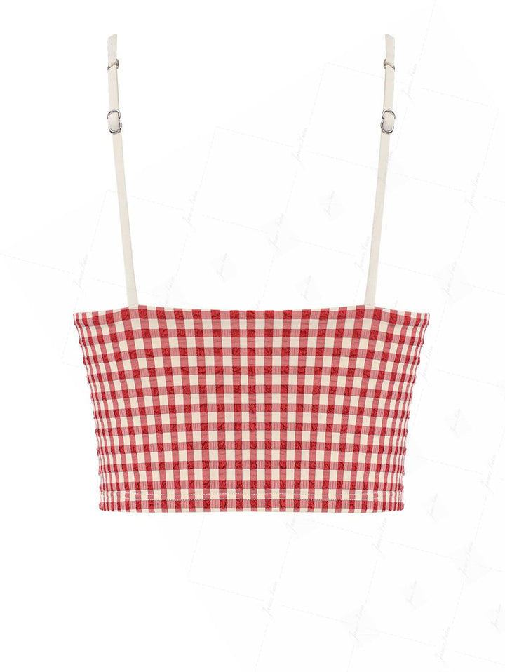 Pomegranate Red Gingham Lace Trim Slim Fit Cami Tankini Top