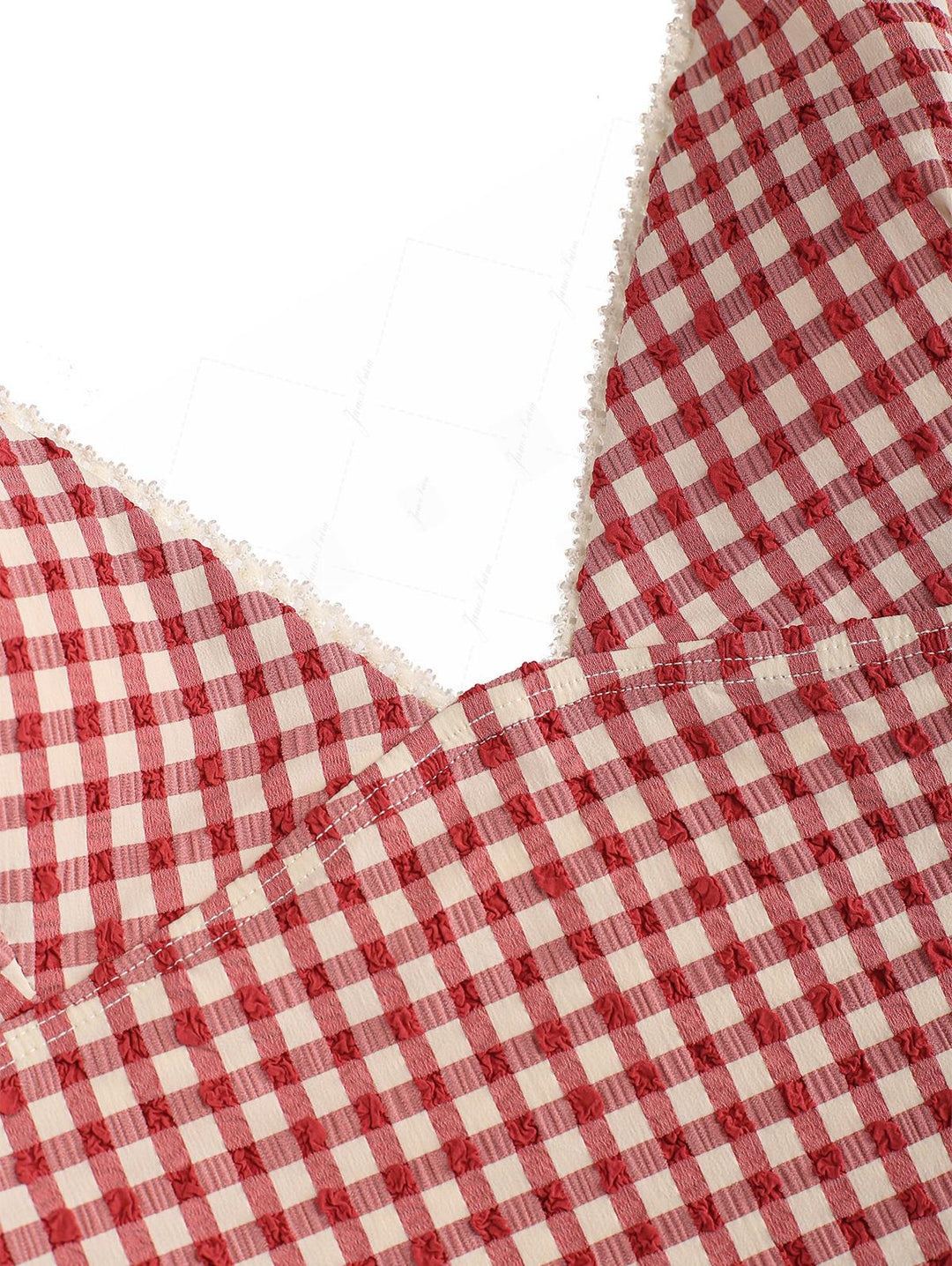 Pomegranate Red Gingham Lace Trim Slim Fit Cami Tankini Top