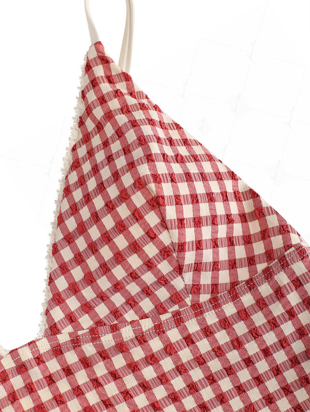 Pomegranate Red Gingham Lace Trim Slim Fit Cami Tankini Top