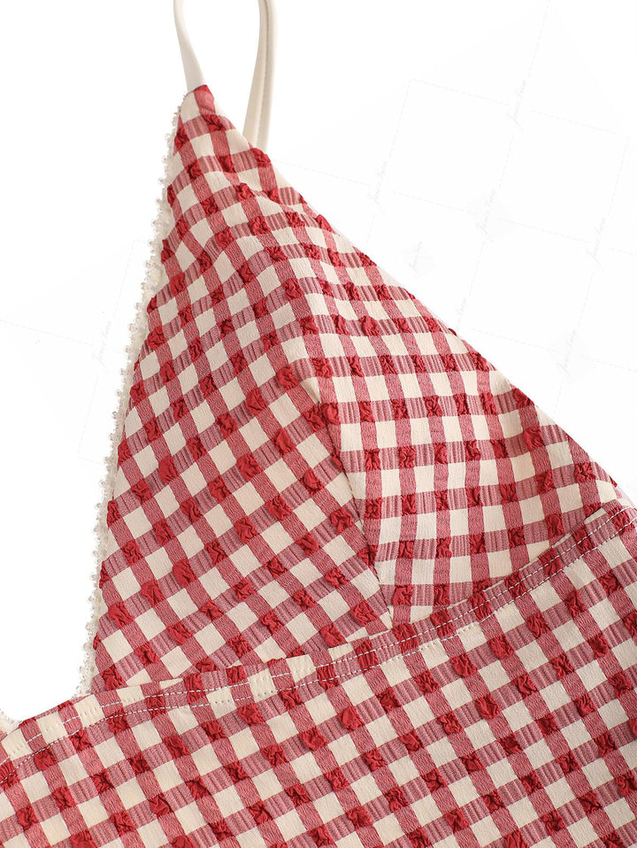 Pomegranate Red Gingham Lace Trim Slim Fit Cami Tankini Top