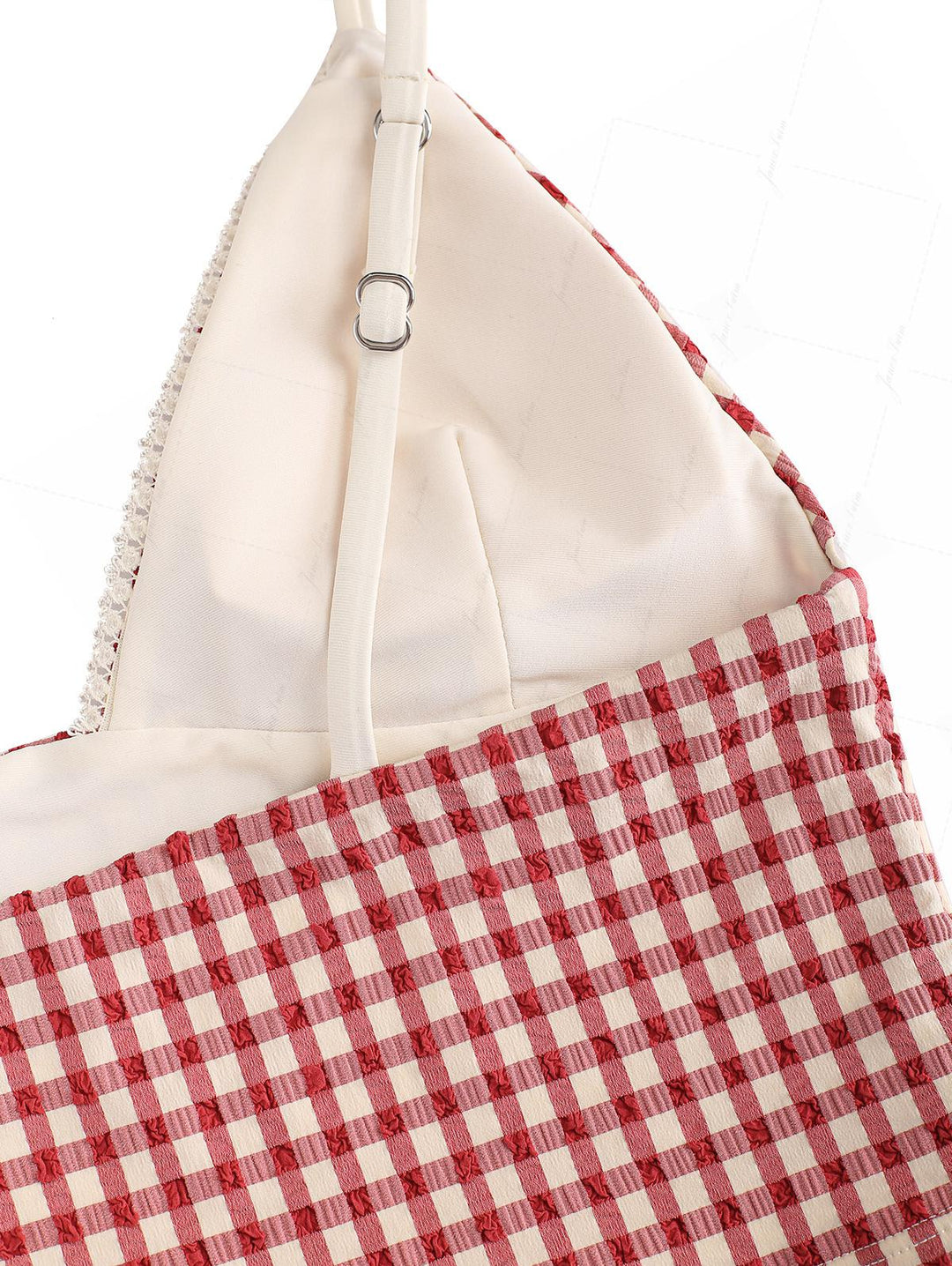 Pomegranate Red Gingham Lace Trim Slim Fit Cami Tankini Top