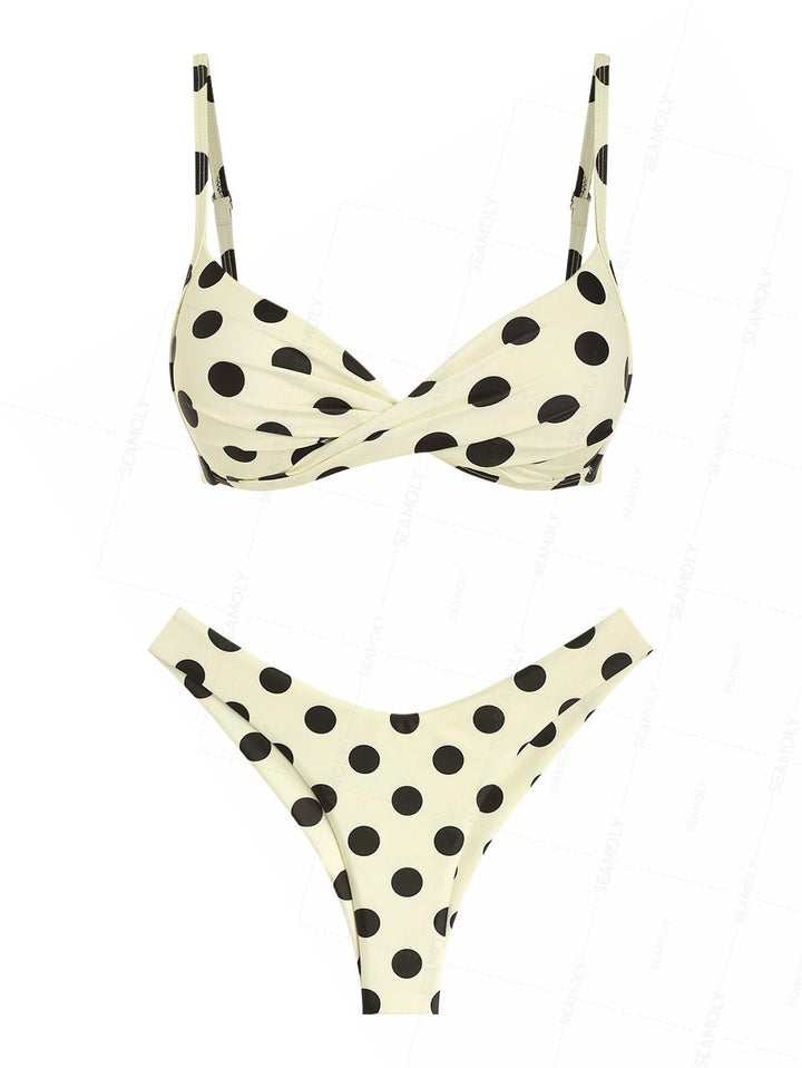 Seamolly Polka Dot Crisscross Twist Gathering & Support Triangle Brazilian Bikini Set