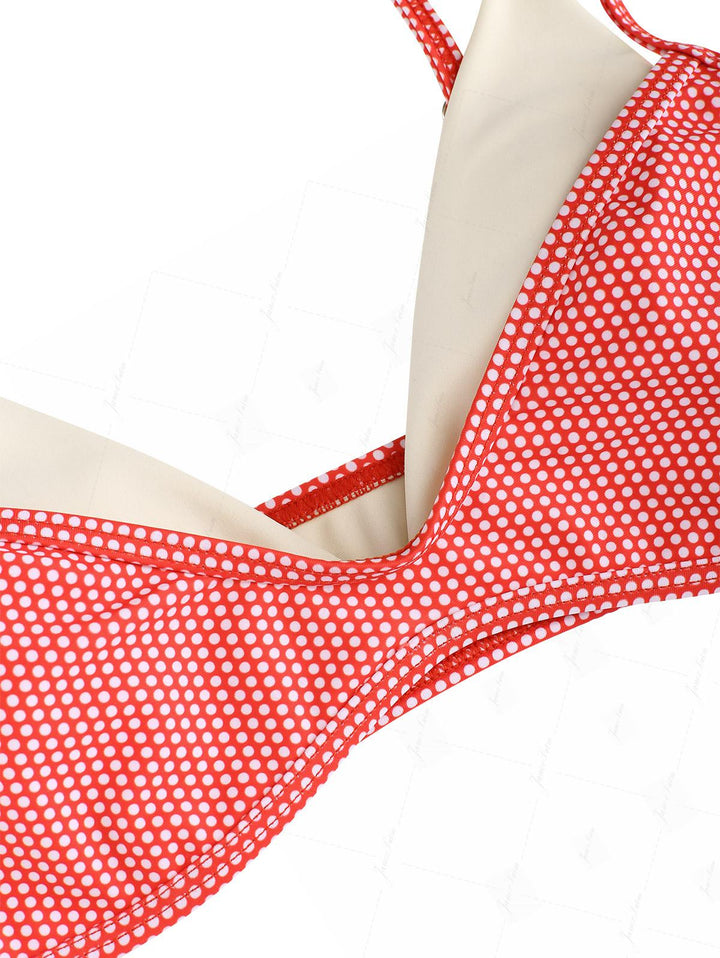 Janex Cherry Red Polka Dot Print Tie Side Double Layer Bikini Set