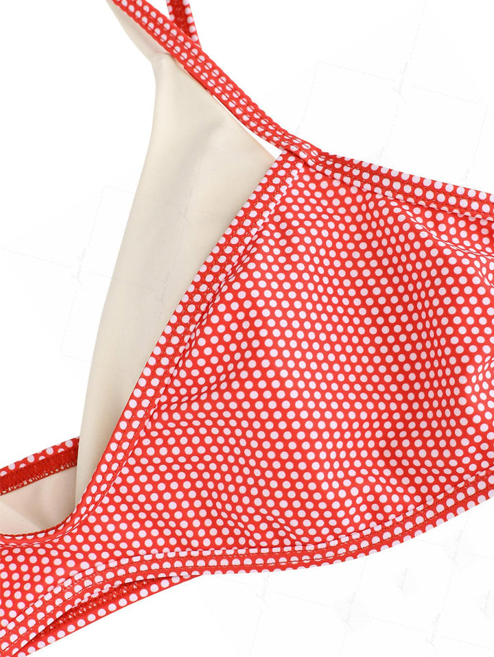 Janex Cherry Red Polka Dot Print Tie Side Double Layer Bikini Set