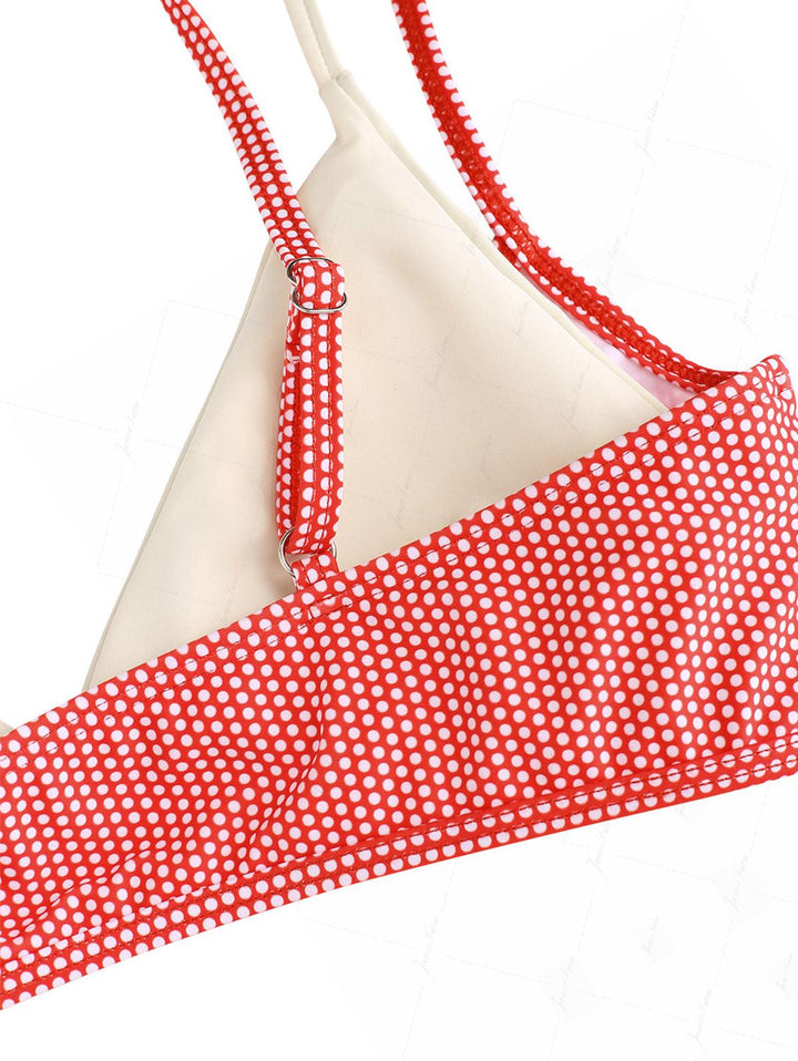 Janex Cherry Red Polka Dot Print Tie Side Double Layer Bikini Set