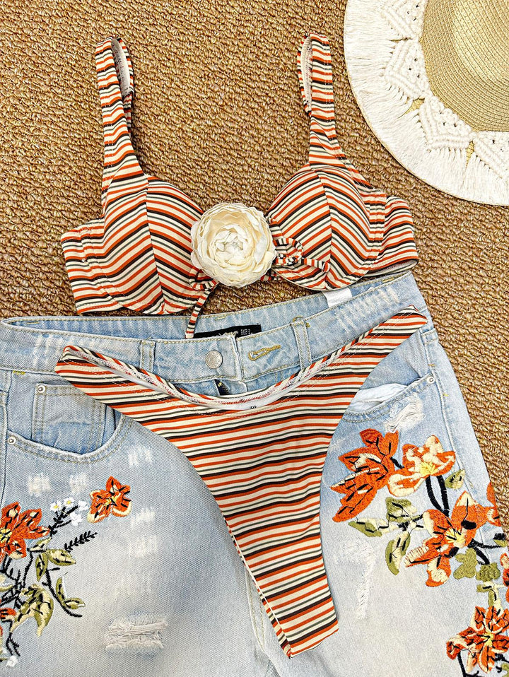 Seamolly Striped Bowknot Underwire High Leg Bikini Set