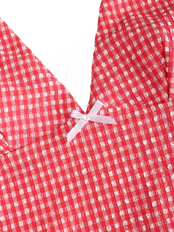 Seamolly Gingham Bowknot Lace Up Back Halter Tankini Set